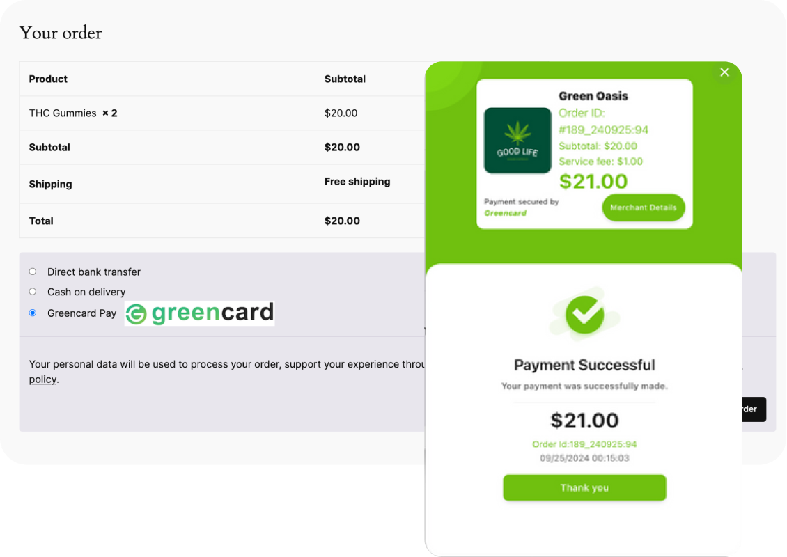 Greencard payment request inside a partner-branded portal